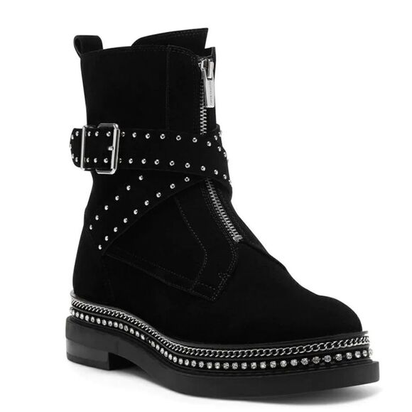 🔥Vince Camuto Blinda Black Suede Moto Chic Chain Rim PLatform Lug Bootie Sz 5M - Picture 1 of 7